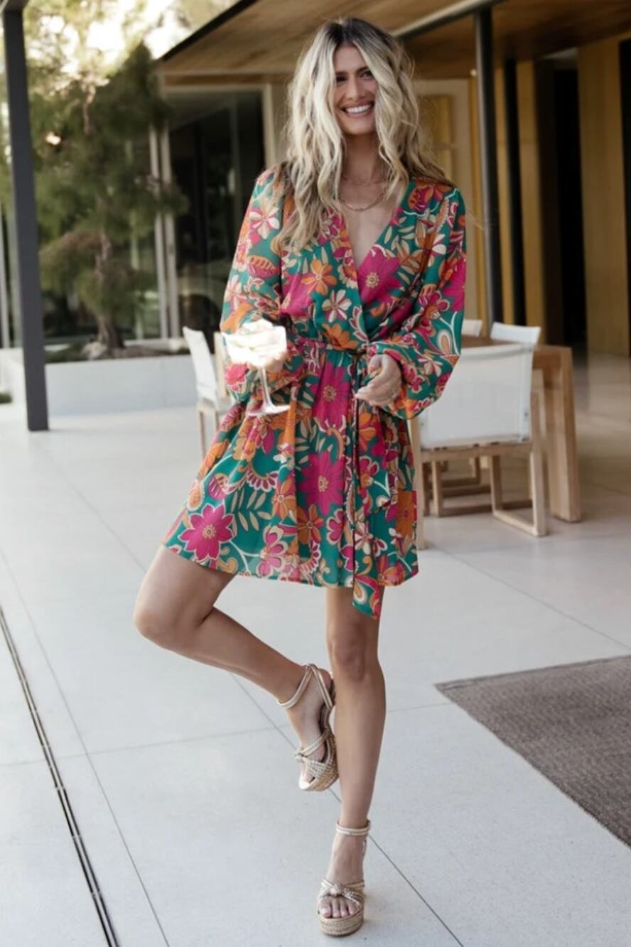 NWT Baltic Born Wesley Mini Wrap Dress in Gteen Multi Floral Print
